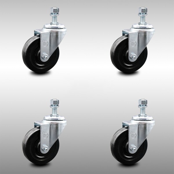 4 Inch SS Hard Rubber Wheel Swivel 1/2 Inch Threaded Stem Caster Set SCC